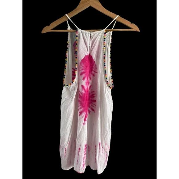 Entro Gauzy White Pink Tie Dye Colorful PomPom Spaghetti Strap Tank Sz L - Picture 2 of 12